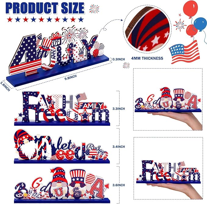 Hommtina 4 Pcs 4th of July Decorations Patriotic Decorations 4th of July Gnomes Memorial Day Decorations Red White and Blue Decorations for House School Classroom