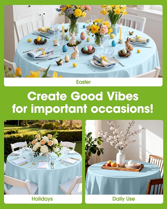 Pureegg Plastic Table Cloth Disposable 8 Pack, 84'' Round Table Cloths, Easter Party, Picnic, Wedding, Decorative Tablecloths, Round, Baby Blue Plastic Cover, Leakproof & Sturdy, Light Blue