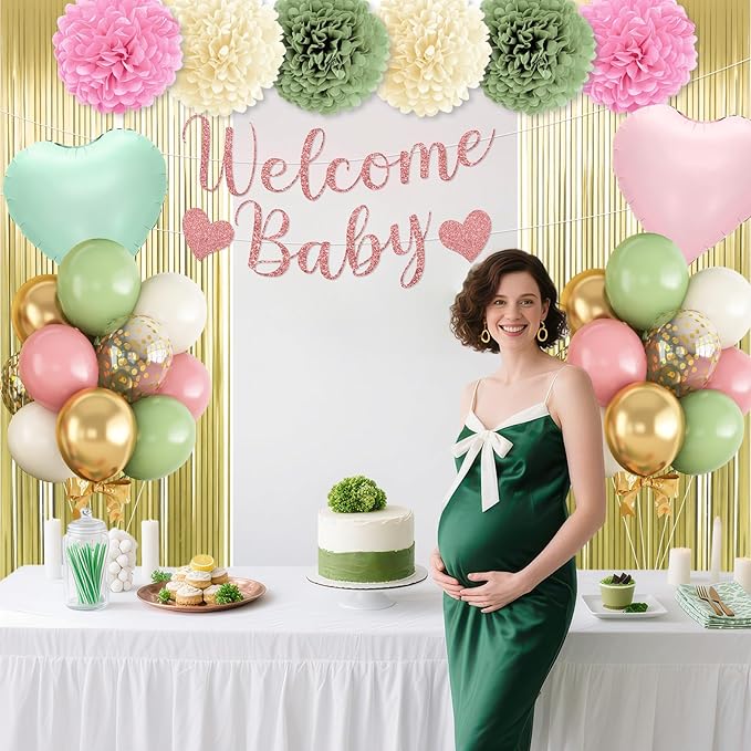 Dusty Pink Green Gold Baby Shower Decorations,Welcome Baby Banner with Sand White Sage Green Balloons Fringe Curtains Paper Pom Poms Flowers Tassels for Boho Baby Shower Gender Reveal Party Supplies