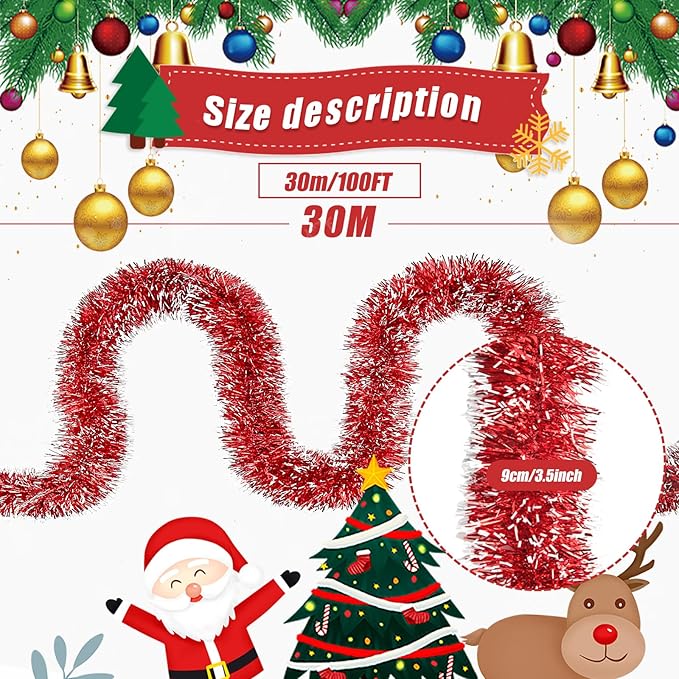 100Ft Christmas Garland - Xmas Tree Decorations, Christmas Tinsel Decorations for Indoor&Outdoor Home Decor, Christmas Metallic Twist Garland Ceiling Hanging Decorations for New Year(Red)