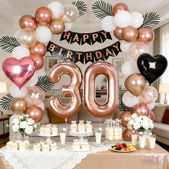 30th Birthday Decorations for Women - Rose Gold, Black and Hot Pink Party Supplies Set with Happy 30th Banner, Number 30 Balloons and Foil Fringe Curtains - 30 Year Old Celebration Kit