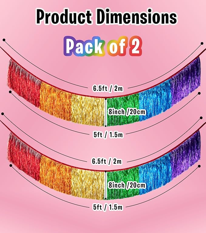 2 Pack Rainbow Foil Fringe Banner – High-Density Metallic Tinsel Tassel Garland in 6 Colors | Reusable Party Backdrop Decoration for Birthday Wedding Graduation Holiday Disco DIY Decor