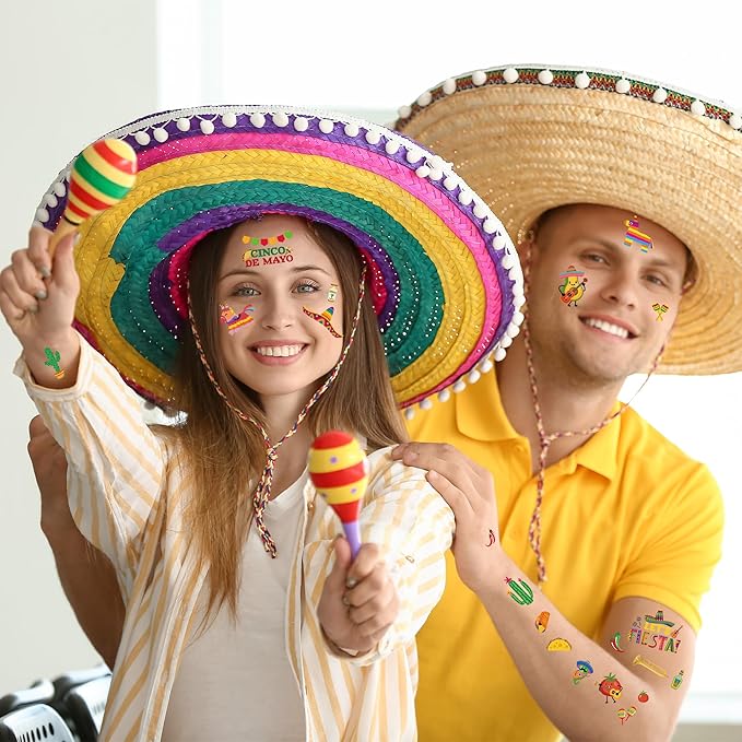12 Sheets Fiesta Temporary Tattoos, Cinco De Mayo Stickers with Taco Pinata Cactus for Adults, Mexican Fake Tattoos for Cinco De Mayo Party Favors Supplies Accessories