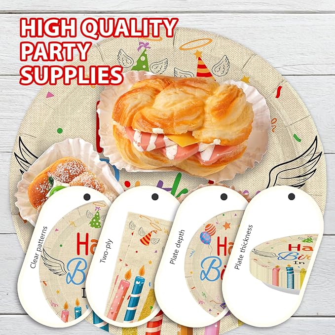 96 Pcs Happy Birthday in Heaven Party Supplies Colorful Happy Birthday Plates and Napkins Disposable Funeral Memorial Tableware Set for Sympathy Grave Cemetery Party Decorations Serves 24