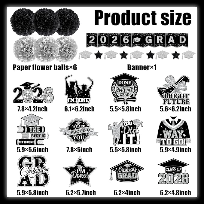 Black and Silver Graduation Decorations 2026, 2026 Grad Banner and Congrats Grad Hanging Swirls, Silver Graduation Banner Graduations Hanging Swirls College Graduations Party Decorations Class of 2026