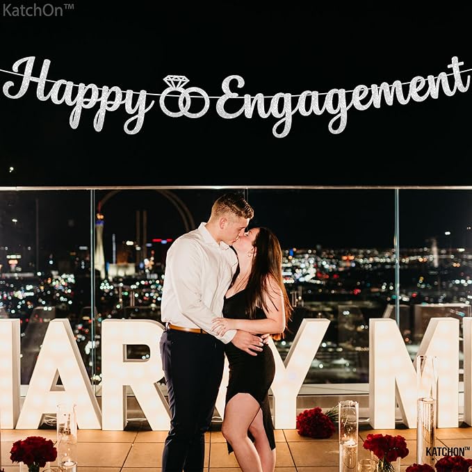 KatchOn, Glitter Silver Happy Engagement Banner - 10 Feet, No DIY | Engagement Party Decorations | engagement Party Banner | Engaged Banner, Bachelorette Party Decorations