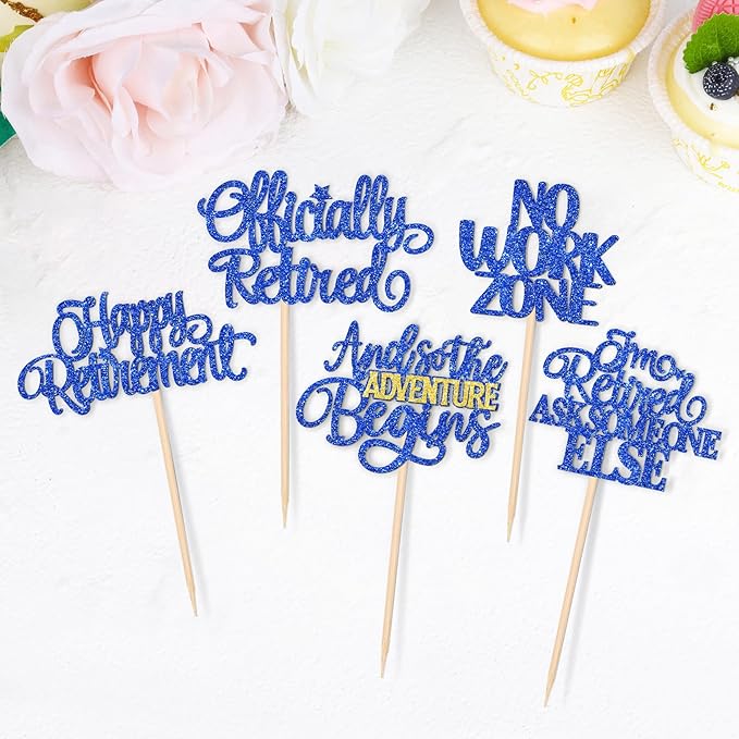 30 PCS Happy Retirement Cupcake Toppers Officially Retired Cake Toppers No Work Zone Adventure Begins Cupcake Picks for Retirement Theme Farewell Birthday Party Decorations Supplies Dark Blue
