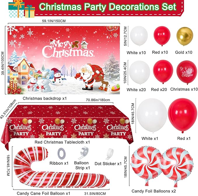 Christmas Party Decorations Set, Red White Gold Christmas Balloon Garland Arch with Candy Cane Foil Balloons, Merry Christma Backdrop Banner Tablecloths for Xmas Party Decorations Supplies