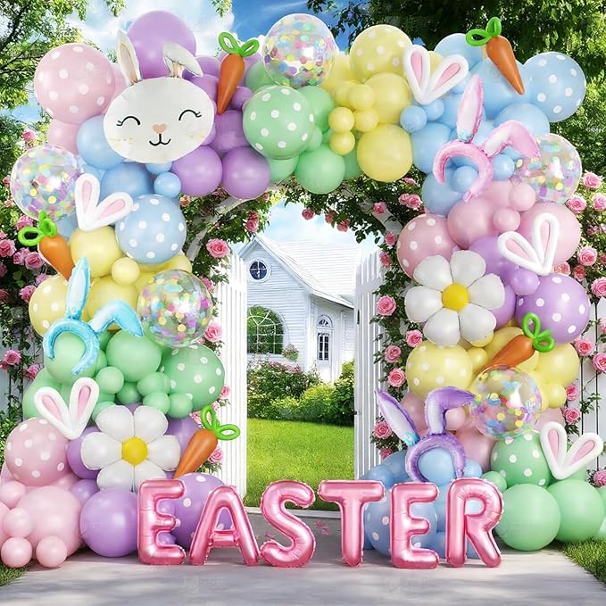 Easter Balloon Arch Kit, 149Pcs Pastel Balloon Garland with Bunny Daisy Foil Printed Balloons for Baby Shower Spring Birthday Party Decorations