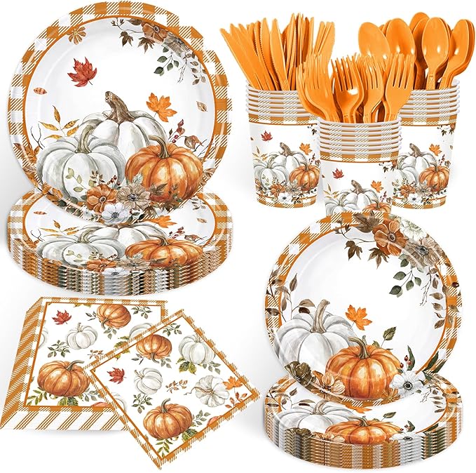 168PCS Fall Pumpkin Party Supplies for Birthday Baby Shower Autumn Watercolor Pumpkin Floral Party Decorations Thanksgiving Harvest Plates Cups Napkins Tableware for Bridal Shower 24 Guests