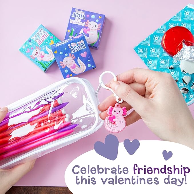 Peaceable Kingdom Valentines Box for Kids, Valentines Day Box Kit for Valentines Cards for Kids Classroom - Axolotl Friendship Charms