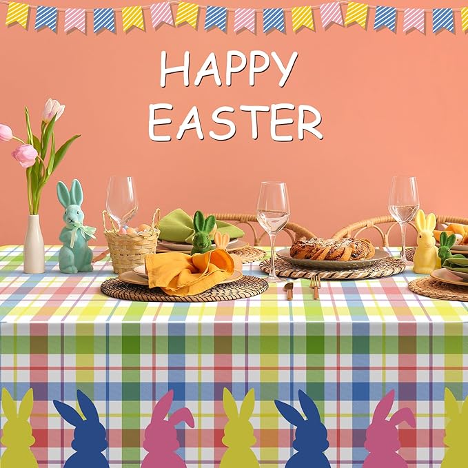 6Pcs Spring Easter Buffalo Plaid Checkered Tablecloth Decorations,Plastic Bunny Watercolor Pink Blue Yellow Green Pastel Disposable Table Cover for Spring Birthday Easter Party Supplies,54 x 108 Inch