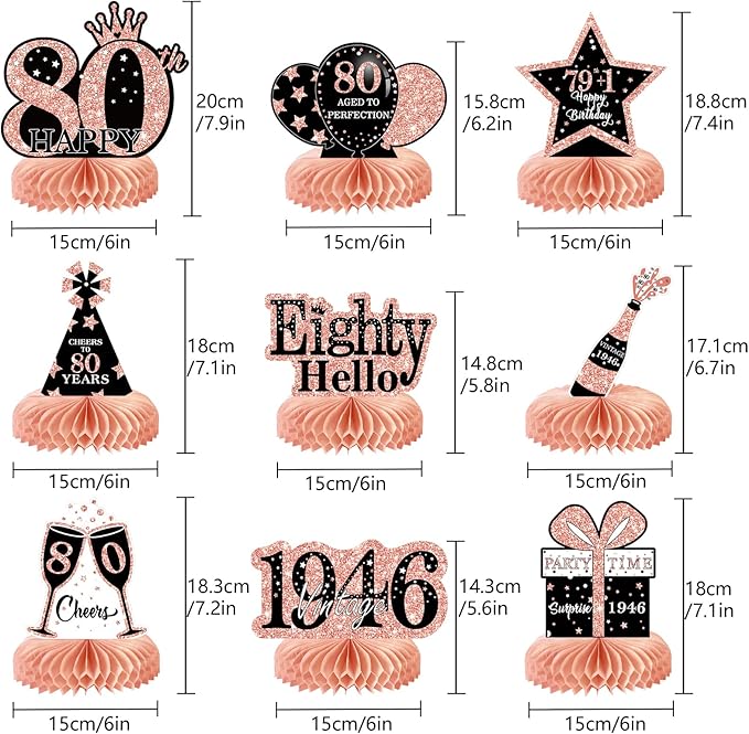9Pcs 80th Birthday Decorations Honeycomb Centerpieces for Women, Rose Gold Happy 80th Birthday Centerpieces Tables Toppers Party Decorations Supplies, Vintage 1946 Aged Table Sign Decor