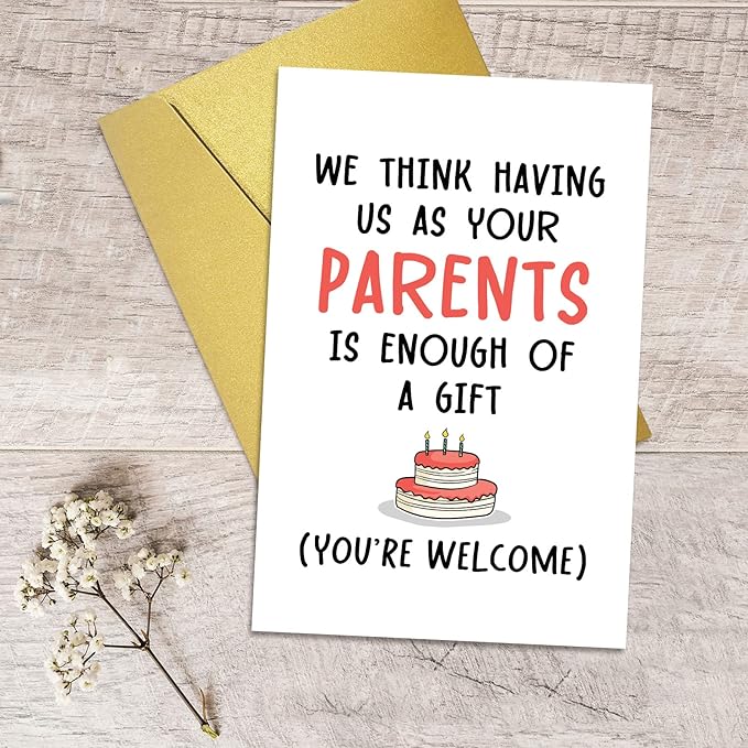 Qiliji Birthday Card for Son Daughter, Funny Birthday Card from Parents, Cheeky Bday Greeting Card for Kids, Having Us As Your Parents Is Enough Of A Gift