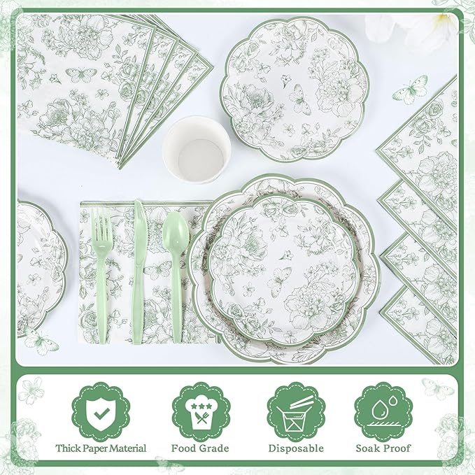 175 Pcs Sage Green Floral Plates and Napkins 25 Guest Scalloped Toile Chinoiserie Party Supplies Includes Floral Plates Napkins Cups Plastic Cutlery for Wedding, Bridal&Baby Shower, Tea Party