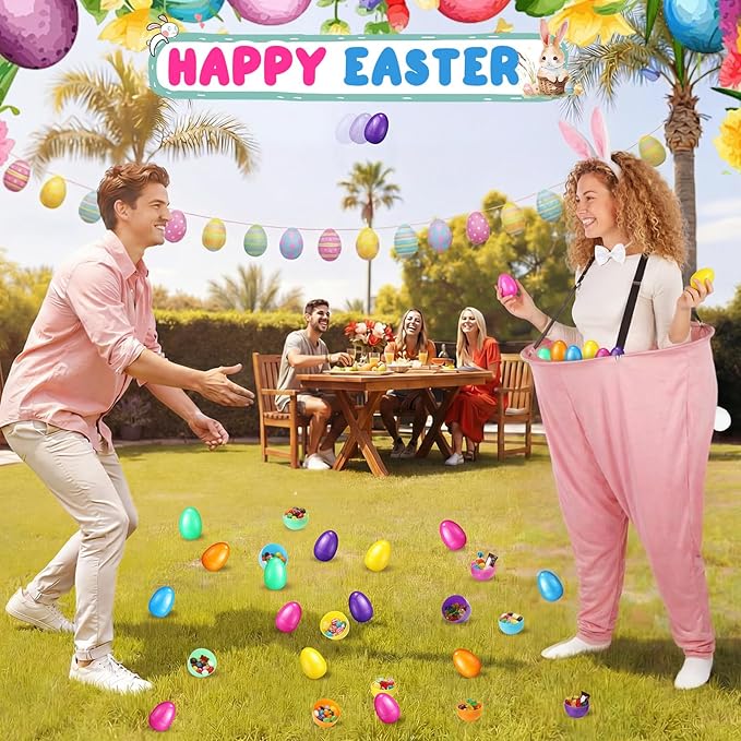 Vinsot 16 Pcs Easter Granny Pants Yard Game Set Oversized Granny Pants with Colorful Easter Eggs, Bowtie, Bunny Ears and Tail, Outdoor Tossing Game Bunny Suit for Spring