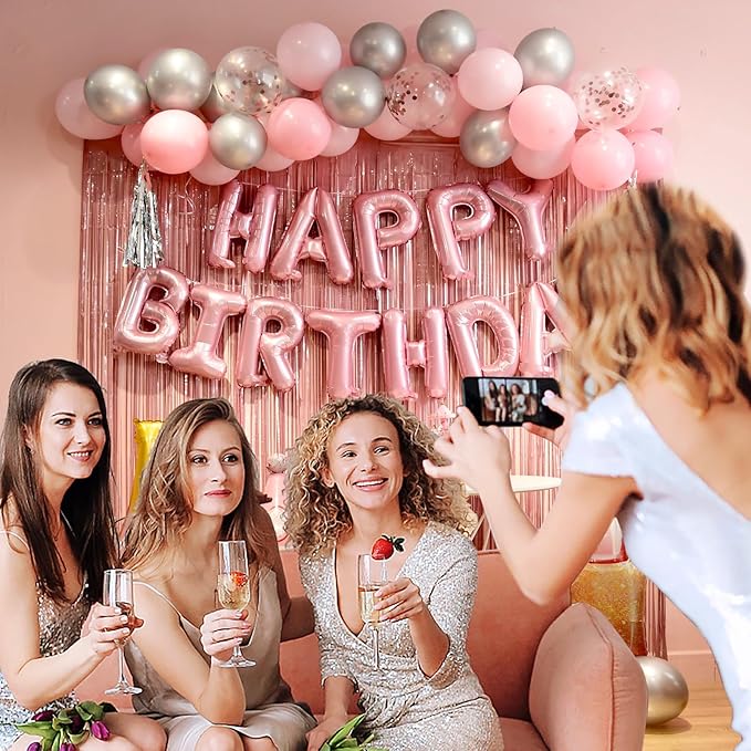 pink birthday decorations for women ，happy birthday party decorations for girls，pink Fringe Curtain，happy birthday banner，happy birthday balloons，happy birthday balloon letters