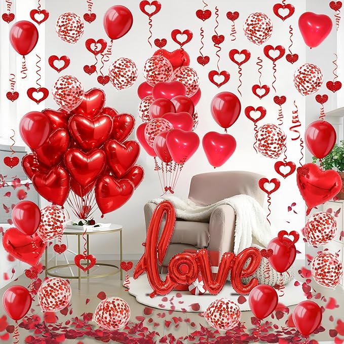 Fecedy Love and Heart-Shaped Aluminum Foil Balloon,Heart-Shaped and Round Latex balloons,Confetti Balloon,Fake Petals,Hanging Streamers for Valentines Bridal Shower Anniversary Engagement Decorations