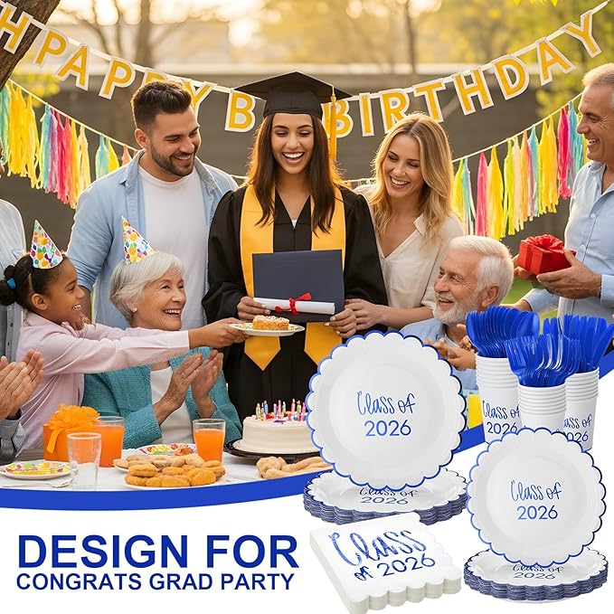 Class of 2026 Graduation Party Supplies, 175 Pcs Congrats Grad Paper Plates Napkins and Cups Cutlery Disposable Tableware Set for College High School Congrats Decorations, Serves 25(Blue)