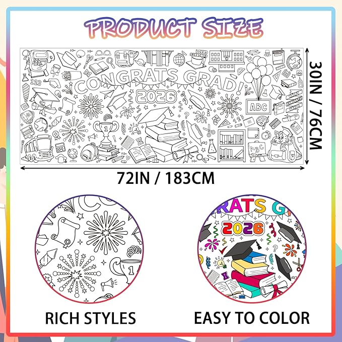 Graduatio Giant Coloring Poster,30x72 Inch Graduation Drawing Coloring Tablecloth DIY for Kids Preschool Graduation Activities Home Classroom Party Suppiles Large Congrats Card Coloring Table Cover