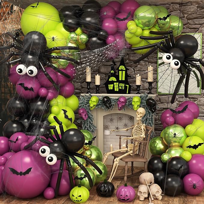160 Pcs Halloween Balloon Garland Arch Kit, Halloween Birthday Decorations with Black Purple Green Eyeball Metallic Latex Balloons 3D Bats Spider Web for Indoor Outdoor Scary Ghost Party Decorations
