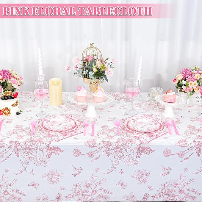 3 Pcs Pink Floral Plastic Tablecloths, 54 X 108Inch Tea Party Tablecloth Disposable Vintage Table Cloth Pink and White Porcelain Tables Decor for Easter Mother's Day Birthday Garden Wedding Tea Party