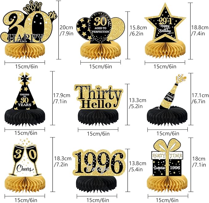 9 Pcs 30th Birthday Decorations Honeycomb Centerpieces for Women Men, Black Gold 1996 Aged to Perfection Vintage Centerpieces for Tables Toppers,Thirty Years Party Decorations Supplies