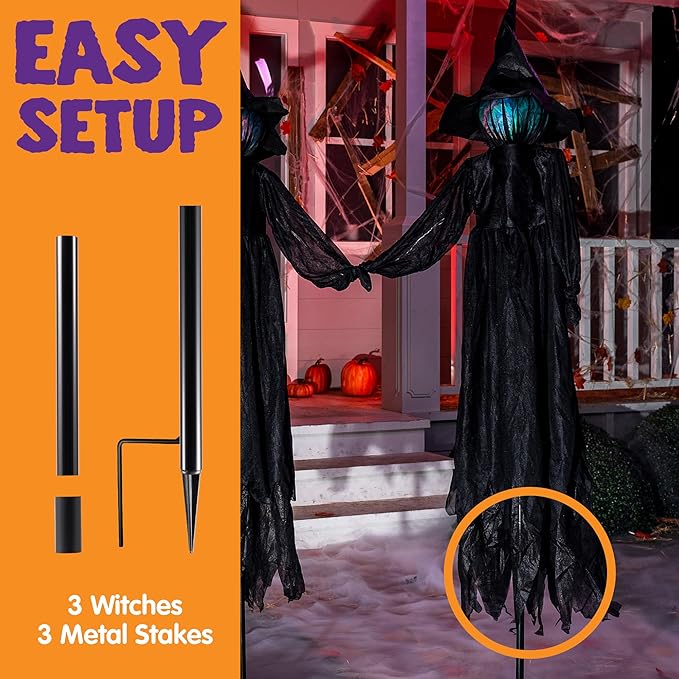 JOYIN Halloween Witch Decorations Outdoor Yard Stakes 3 Pack, 4.2 FT Multicolored Light Up Scary Flying Witch with Sound Activation, for Halloween Graveyard Lawn Yard Garden Decorations