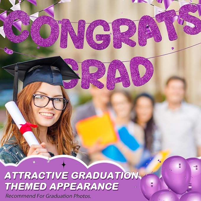 Fulmoon Pre Strung Congrats Grad Banner Glitter Congratulations Banner College Graduation Sign Class of 2026 Grad Party Decorations for High School University Graduation Party Favor(Purple)