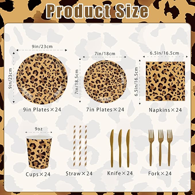 168PCS Leopard Print Party Suppplies Animal Cheetah Print Plates Napkins Cups Tableware Set Jungle Animal Leopard Theme Birthday Party Decorations Serve 24 Guests