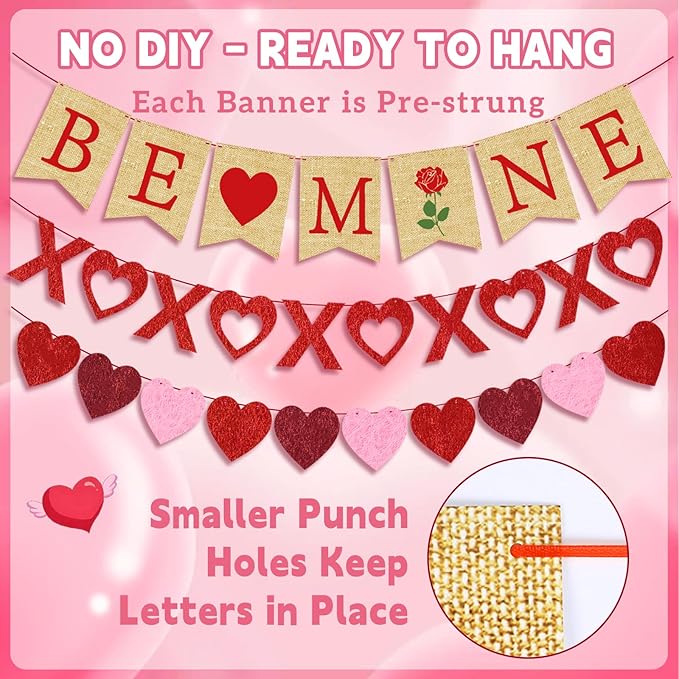 4PCS Pre-strung Valentine’s Day Banner, Valentine’s Day Decorations Include NO DIY Valentines Banner Heart XO Felt Sign Heart Garlands for Home Mantle Fireplace Wall Decor