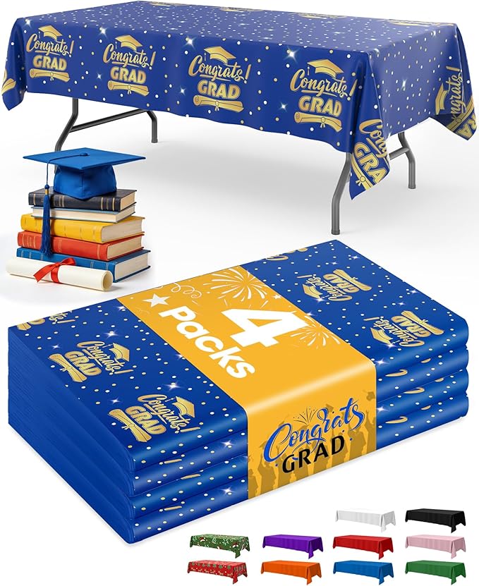 Graduation Blue Plastic Table Cloth - 4 Pack 54" × 108" Rectangle Disposable Tablecloths for 6FT Tables, Table Cover for Party, Holiday & Gathering Use