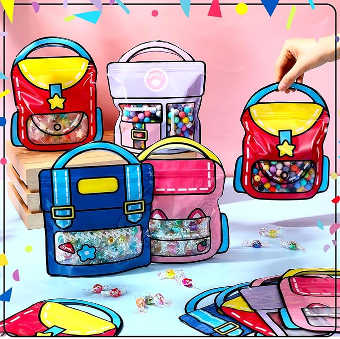 40 Pcs Cartoon Goodie Bags for Kids Candy Snack Treat Party Favor Bags Bulk Birthday Plastic Clear Gift Handbags with Handle for Classroom Back to School Supplies