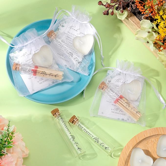 100 Sets Wedding Party Favors for Guests Bulk Including Mini Heart Shaped Candles and Empty Matches Jars with Cork Top Thank You Cards and Organza Bags for Wedding Bridal Shower Party Souvenir