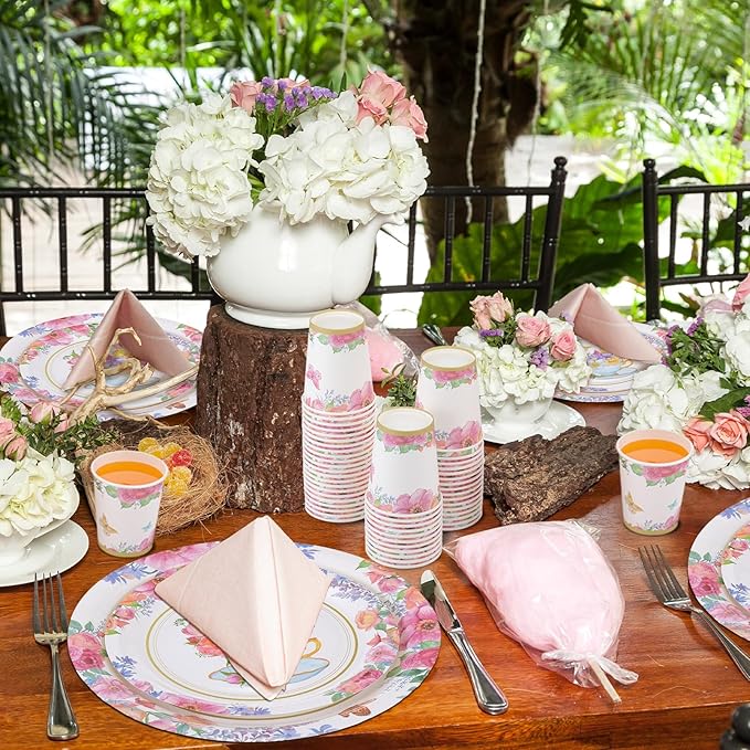 Pickmesh 250 Pcs Tea Party Disposable Tableware Set Paper Plates and Napkins Cups Supplies Tea Party Theme Dinner Dinnerware for Birthday Bridal Baby Shower wedding Decoration Serves 50