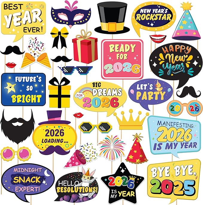 KatchOn, New Years Photo Booth Props 2026 with Bye Bye 2025 - Pack of 35 | New Years Eve Photo Booth Props for Happy New Years Decorations 2026 | New Years Eve Party Supplies 2026 | NYE Decorations