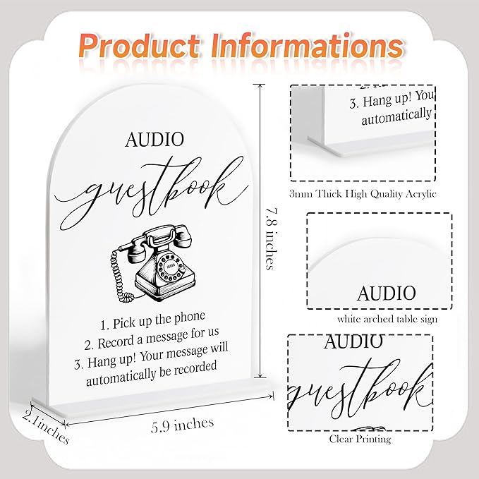 Audio Guest Book Sign, White Arch Acrylic Wedding Sign, Audio Guest Book Wedding Phone, Bridal Shower Decor, Engagement Party Decor, Centerpiece Table Decorations Party for Bride and Groom-14