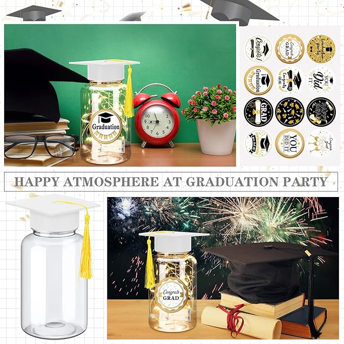 Boao 16 Sets Graduation Table Decoration Set with LED Light up Graduation Decorations for Class of 2026, Grad Jar, Felt Grad Hat and Stickers for High School College(White,Vivid)