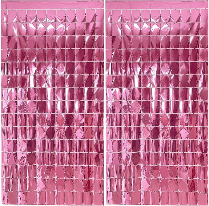 vwl Square Foil Curtain Streamer Tinsel Backdrop Photo Booth Props Background for Graduation Party,New Years,Birthday,Wedding,Halloween,Christmas Decorations (Pink, 2pack)