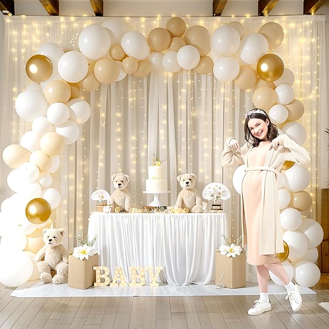 10ft x 10ft Ivory Chiffon Backdrop Curtain with Lights String for Parties,2 Panels Sheer Tulle Curtain Wedding Photo Backdrop with Lights for Baby Shower Birthday Party Ceremony Home Decorations