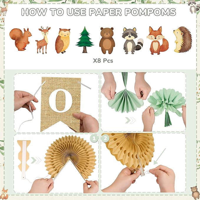 Kriyokiaa Woodland Baby Shower Decorations 15 Pcs Baby Shower Decorations with Oh Baby Banners Paper Lantern Paper Flower Pom Poms