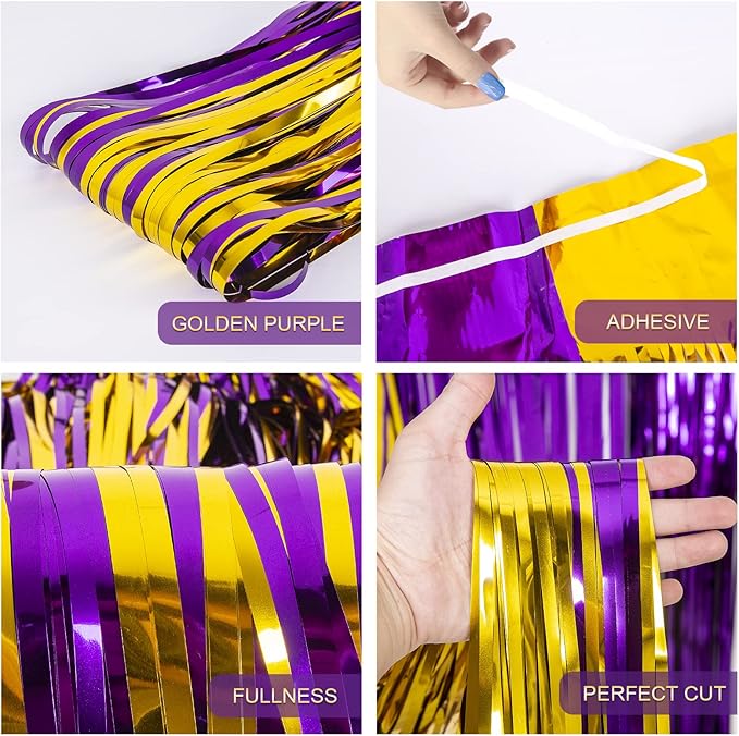 LOLStar Graduation Party Decoration, 2 Pack Purple and Gold 3.3x6.6 ft Foil Fringe Curtains, Tinsel Backdrop, Graduation Photo Booth Prop Streamer Backdrop for Class of 2026, Prom and Grad Party Decor