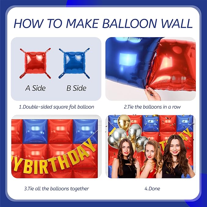 50PCS Blue Red Square Foil Balloon Wall, 19'' Reusable DIY Mylar Double Side Balloons Garland Tunnel Arch Kit for Anniversary Baby Shower Bachelorette Birthday Game Party Decor