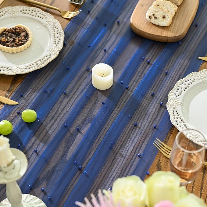 Artoid Mode Pearl Light Bule Gauze Table Runner 59x120 Inch , Seasonal Sheer Kitchen Dining Holiday Wedding Birthday Baby Shower Table Decor for Home Party