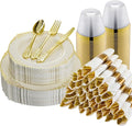 175PCS Ivory Plastic Plates for 25 Guests Disposable Dinnerware Sets Include 50 Plastic Plates, 25 Silverwares, 25 Cups, and 25 Pre Rolled Napkins for Party, Wedding and Graduation
