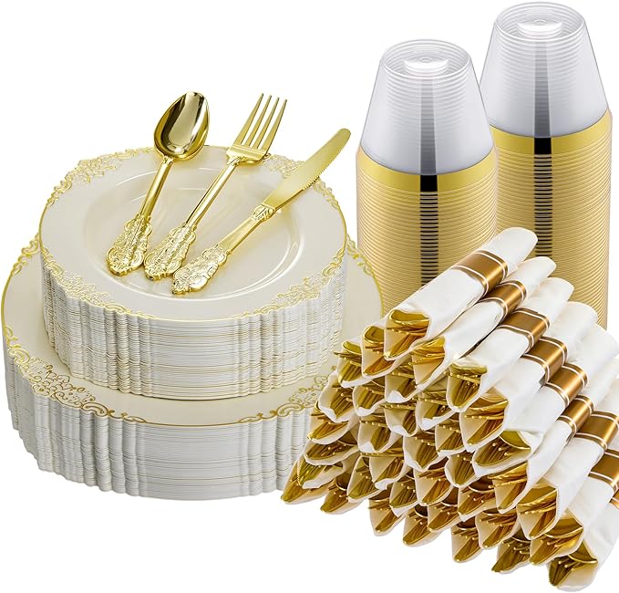175PCS Ivory Plastic Plates for 25 Guests Disposable Dinnerware Sets Include 50 Plastic Plates, 25 Silverwares, 25 Cups, and 25 Pre Rolled Napkins for Party, Wedding and Graduation