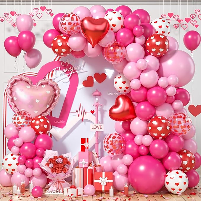 Valentines Day Balloons Arch Kit, Hot Pink White Red Heart Print Confetti Blloons with Heart Foil Balloon for Valentines Day Decorations Wedding Engagement Anniversary Supplies