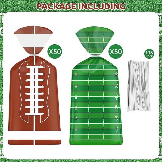 100 Pcs Football Goodie Bags - Brown Green Football Treat Bags, Plastic Rugby Sport Cellophane Snack Gift Candy Goody Bag with Silver Twist Ties for Sports Team Events Birthday Party Favors Supplies