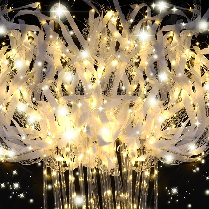 28PCS Light up Wands for wedding, Wedding Wands Streamers with 3 Colorful Flashing Modes, Fairy Wands, LED Silk Fairy Wand with Bells for Wedding, New Year, Thanksgiving, Concert