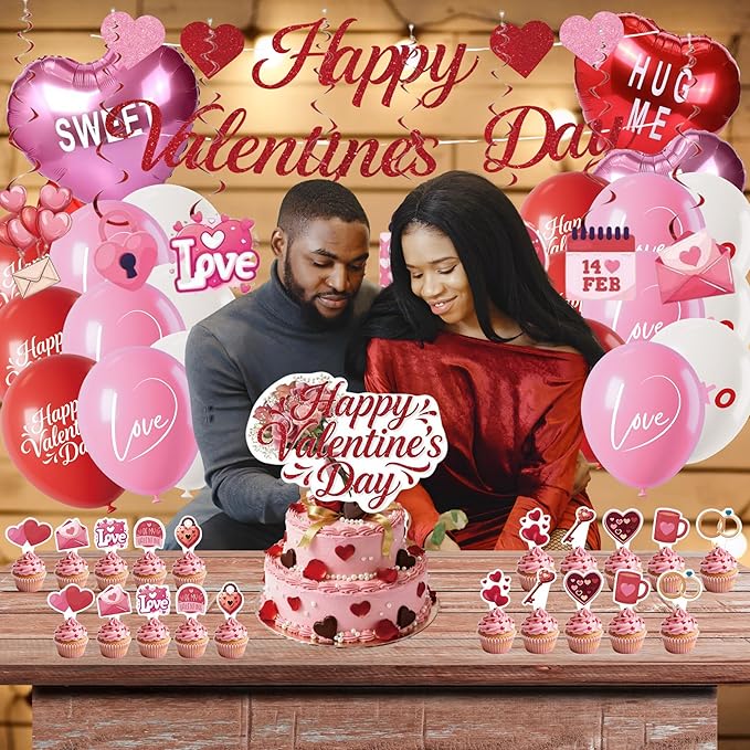 Happy Valentines Day Decorations Party Set Red Heart Decor - Themed Red Pink Balloons Banner Cake Topper Cupcake Toppers Foil Balloons Hanging Swirls Ornaments Valentine Supplies Stuff